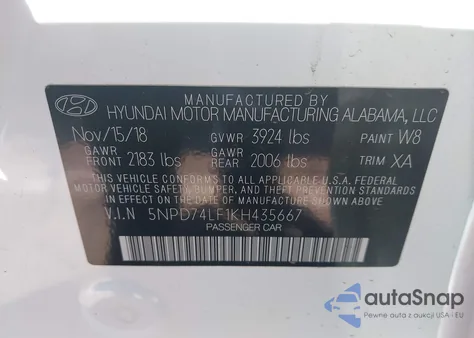 2019 Hyundai Elantra Se z USA, uszkodzony, nr VIN 5NPD74LF1KH435667